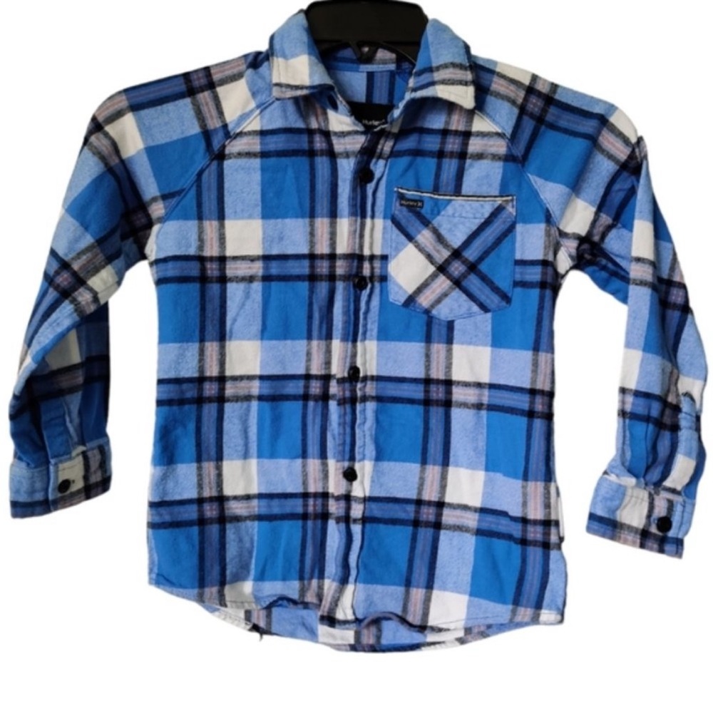 Hurley Boys Blue White Black Button Down Cotton Flannel EUC sz 5